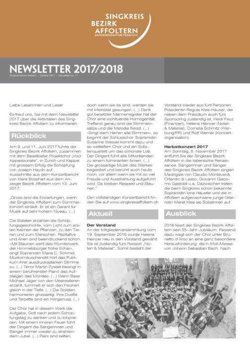 Newsletter No. 11 2017/2018 Singkreis Bezirk Affoltern